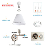 Swing Arm Wall Sconces, Plug-in Wall lamp,Bedroom Wall lamp ， White Fabric Shade，，with dimmable Switch and USB Charging Port, Suitable for Bedside, Living Room, Reading (Nickel)