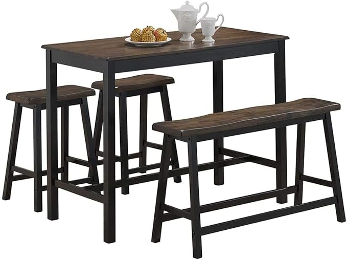 4-Piece Solid Wood Dining Table Set, Counter Height Table w/ 1 Bench & 2 Saddle Stools,