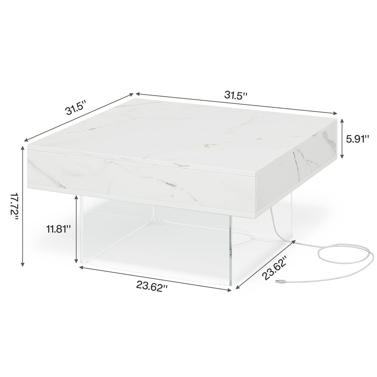 Square LED Coffee Table: Faux Marble White Coffee Table for Living Room