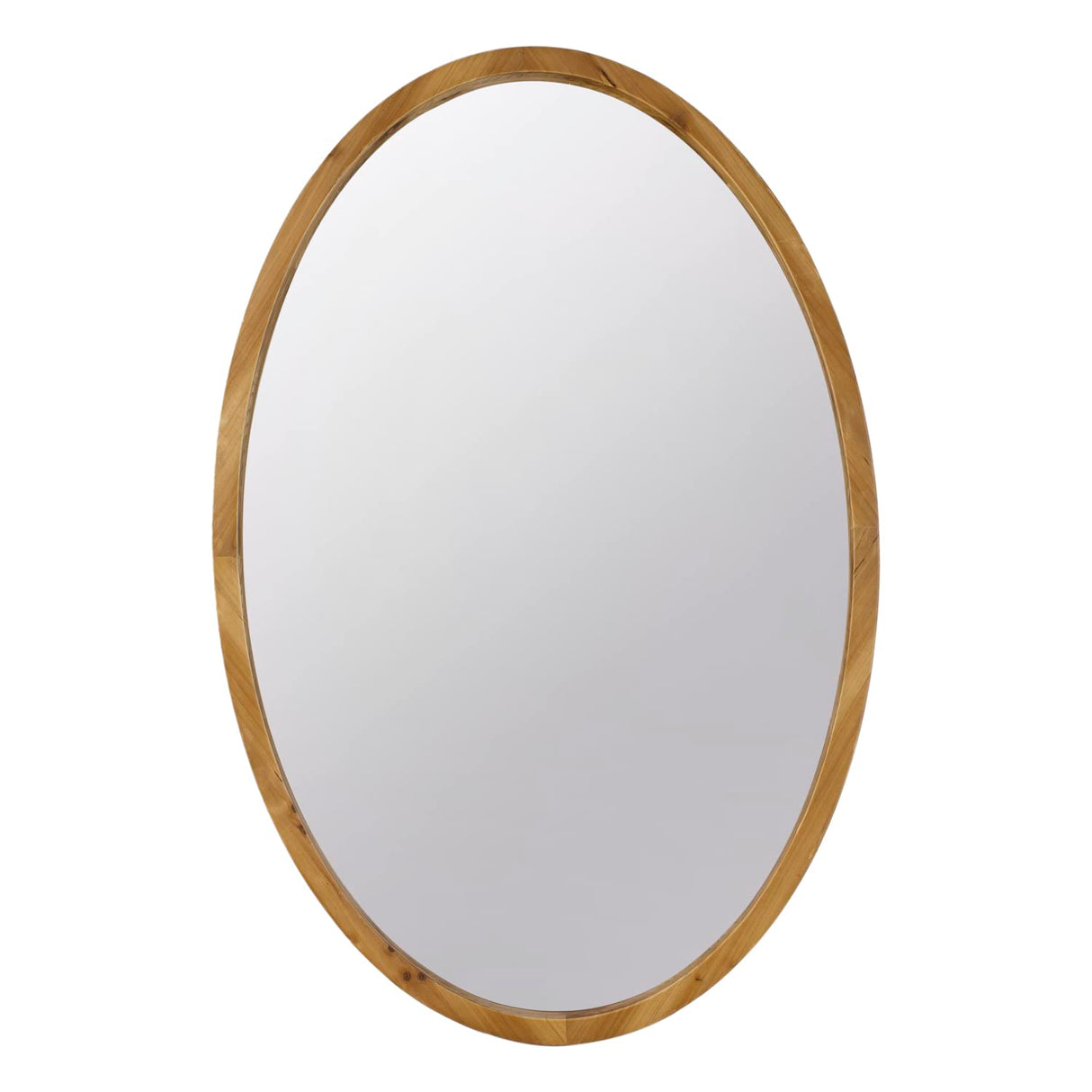 33 Inch Modern Accent Wall Mirror, Mountable Oval Wood Frame in Brown