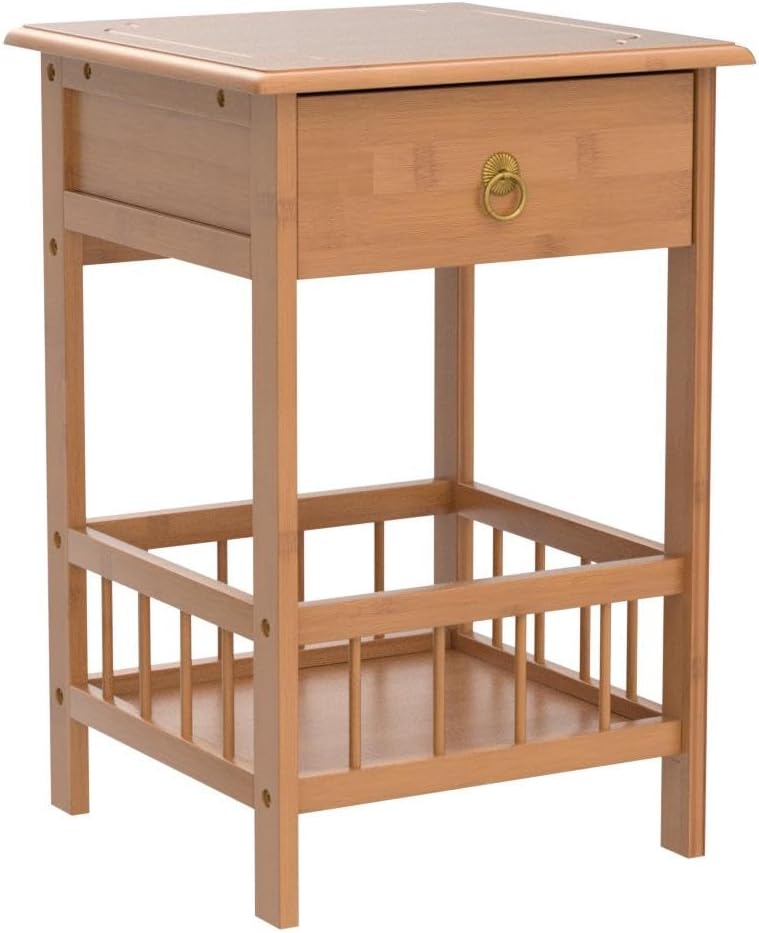 Bamboo End Side Table Nightstand with Drawer for Bedroom