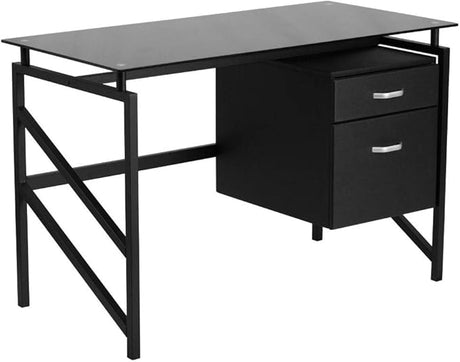 Singleton Glass Desk with Two Drawer Pedestal,Black