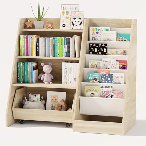 Bookshelf for Kids Rooms, 4 Tier Kids Bookshelf with Movable Drawer 5 Sling Pockets,