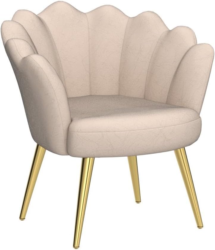 velvet Living Room Chair Accent Chairs, Upholstered Vanity Chair for Makeup Room, Modern Barrel Arm Chair Guest Leisure Chair Comfy for Bedroom-Ivory