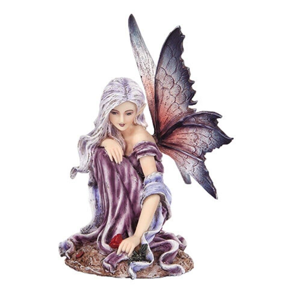 5.25 Inch Fairyland Purple Winged Fairy with Red Rose Statue Figurine