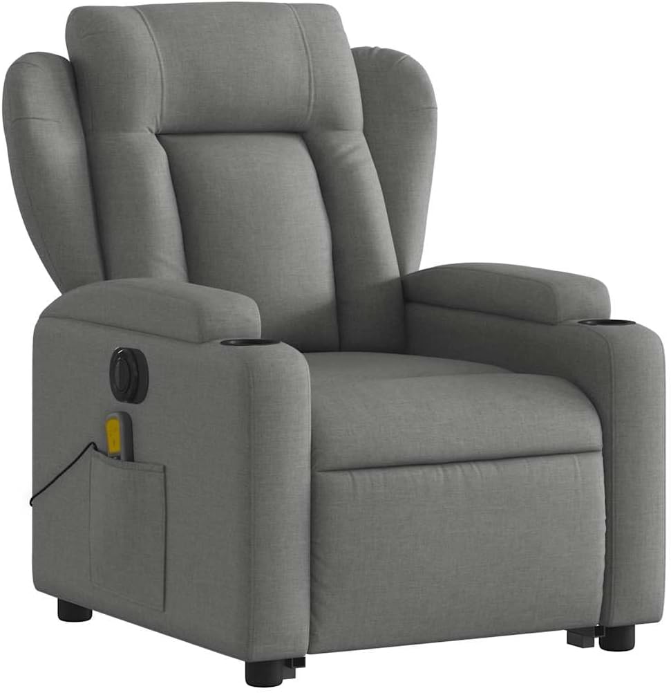 Stand Up Massage Recliner Chair - Dark Gray Fabric, Lift Assist Armchair for Elderly, 135° Recline, 6-Point Vibration, Cup Holders