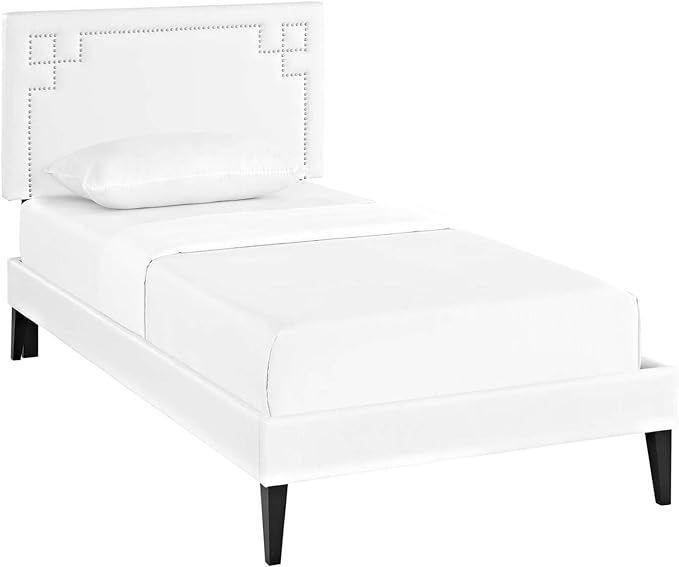 Modway Ruthie Faux Leather Upholstered Queen Platform Bed Frame in White With Tapered Legs