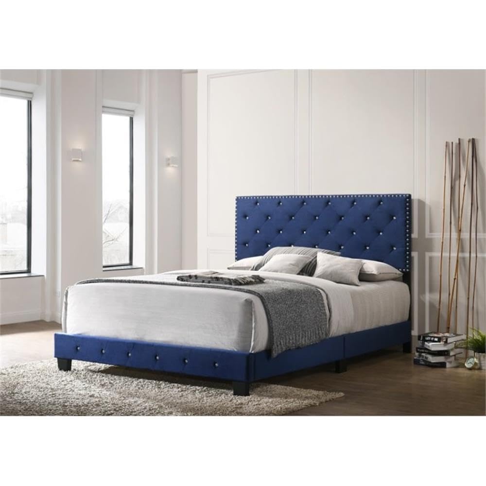 Suffolk Velvet Upholstered Queen Bed in Navy Blue