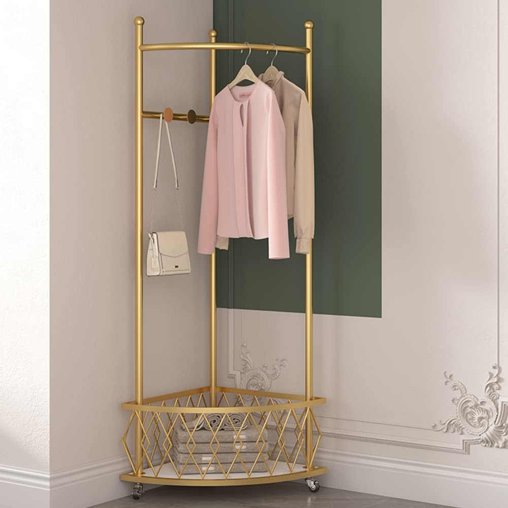 Metal Corner Coat Rack, Corner Hall Tree with Storage Basket, Freestanding Clothes Rack Organizer