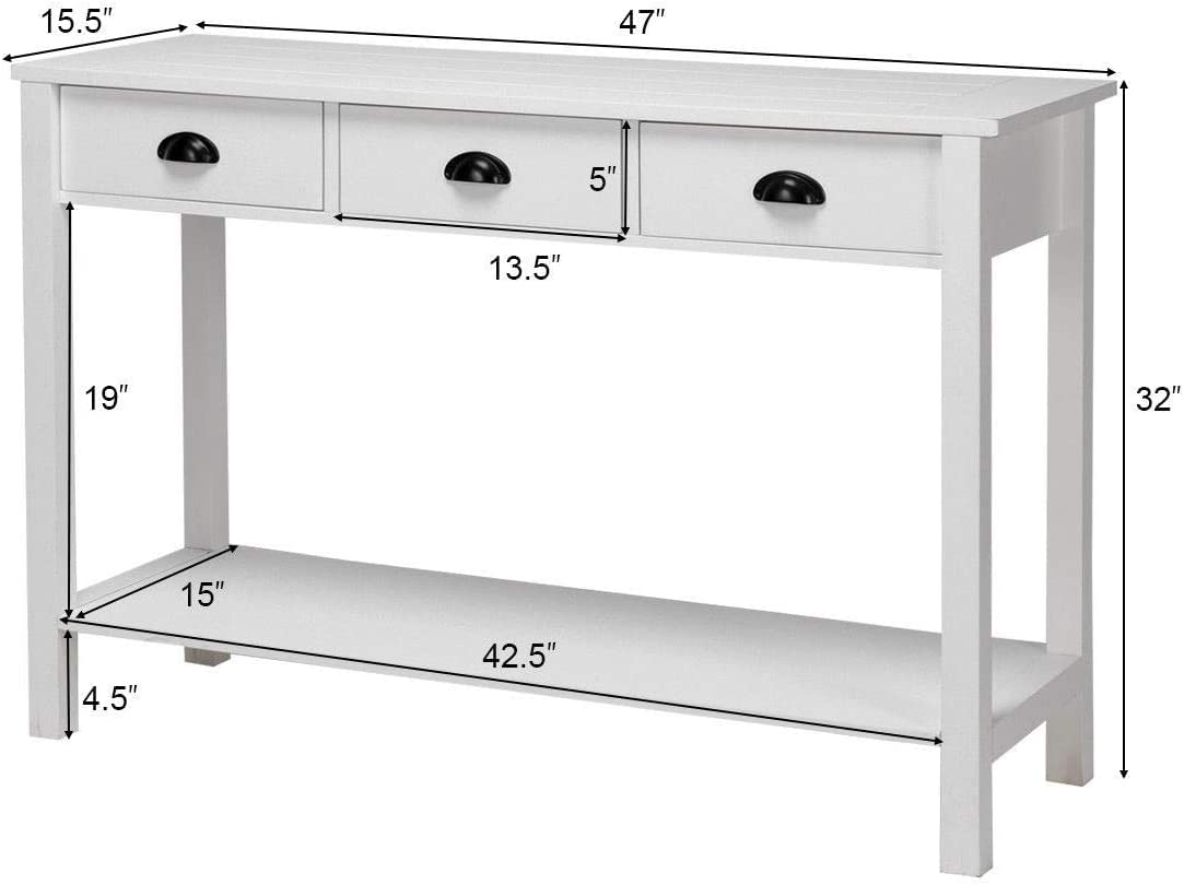 47’’ Console Sofa Table with 3 Storage Drawers and 1 Shelf, White
