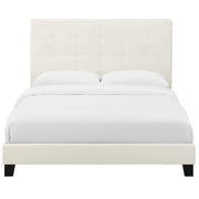Modern Designer Bedroom Queen Size Platform Bed Frame, Velvet Fabric, Ivory White