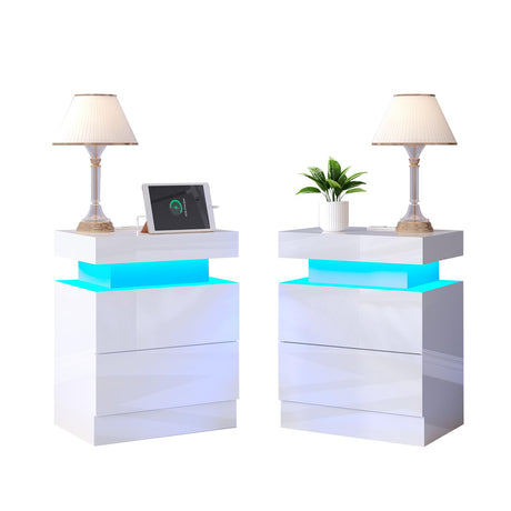 Nightstand Set of 2 with Charging Station and LED Light, Modern Side Table with 2 Drawers and Open