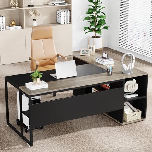 71 inch Executive Desk, L Shaped Desk with Cabinet Storage, Executive Office Desk