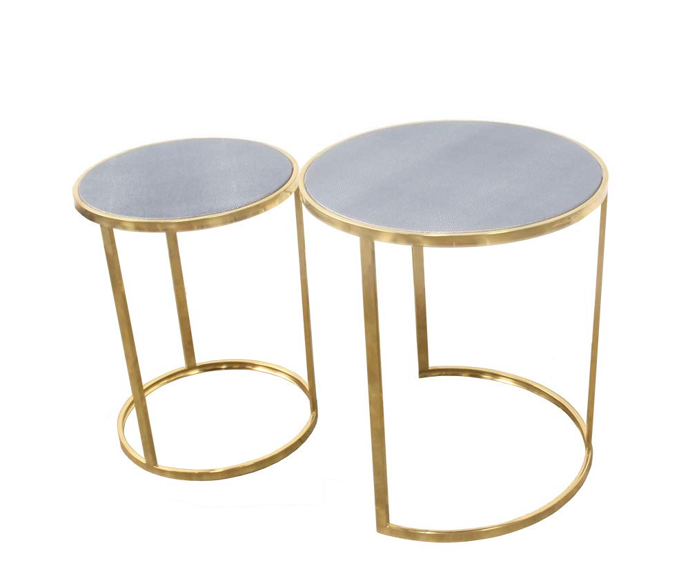 Charles Set of 2 Nesting Tables, Faux Shagreen in Gray with Gold Metal