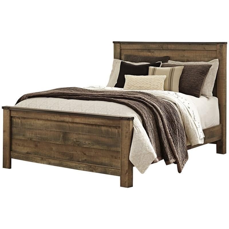 Queen Size Panel Bed with Headboard, Footboard, Platform, Wooden Slats in Wood, in