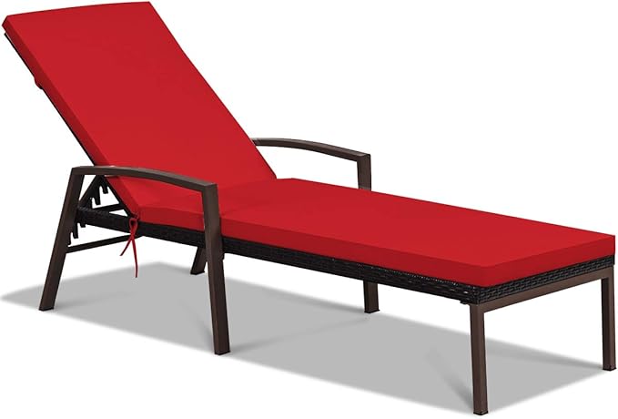 Patio Rattan Lounge Chair, Outdoor Reclining Chaise with Cushion and Armrest
