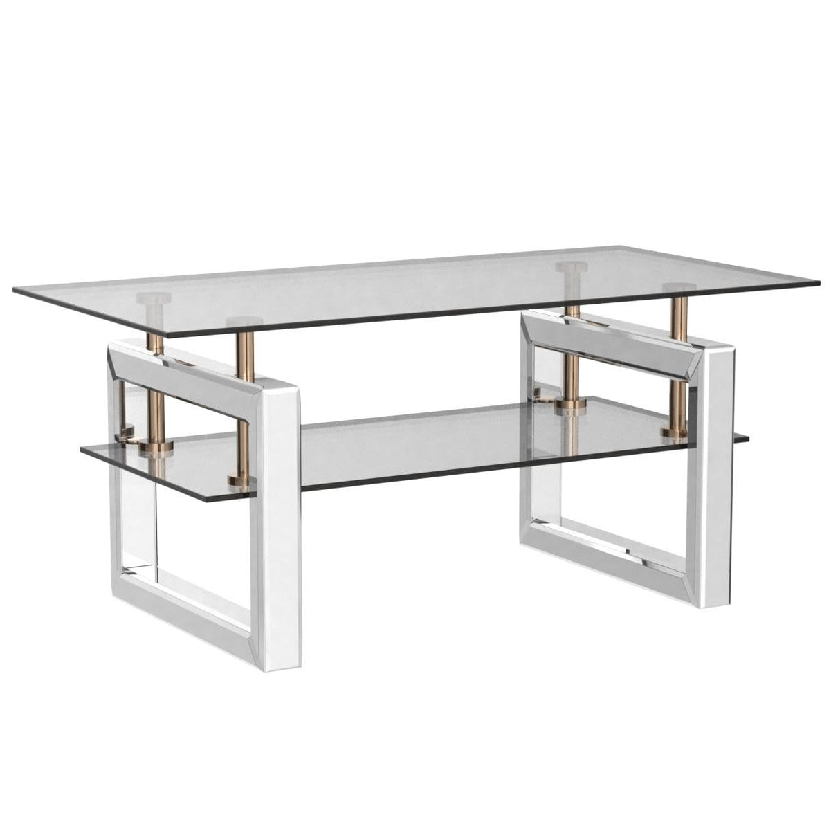 Mirrored Glass Coffee Table, Modern Side Coffee Table with Transparent Tempered Glass