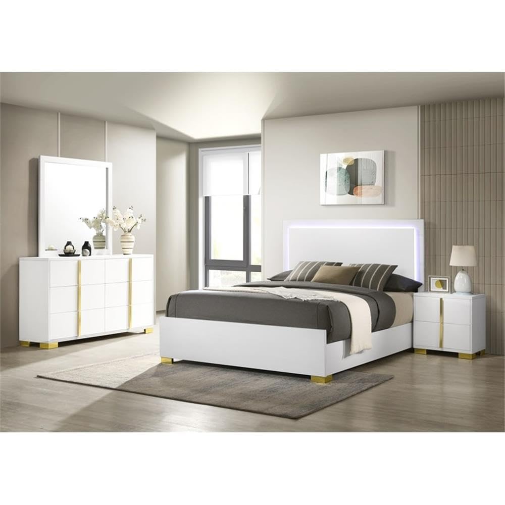4-Piece Contemporary Wood Queen Bedroom Set White and Gold