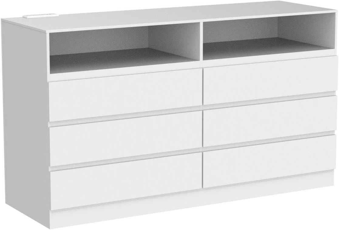 6 Drawer Double Dresser with Power Outlet, Accent Chests of Drawers with LED Light,