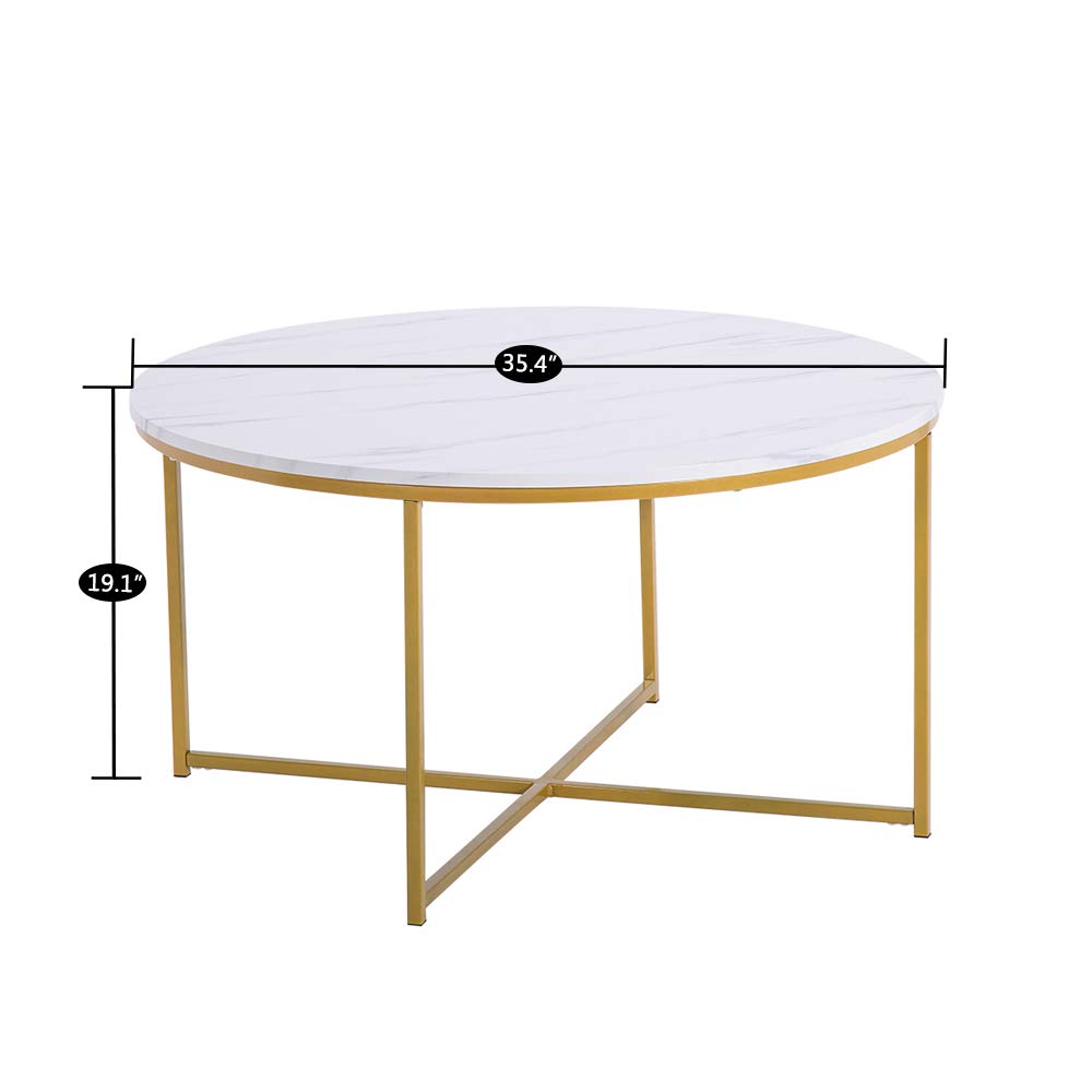 35.4" Round Coffee Table Living Room Faux Marble Top Coffee Cocktail Table