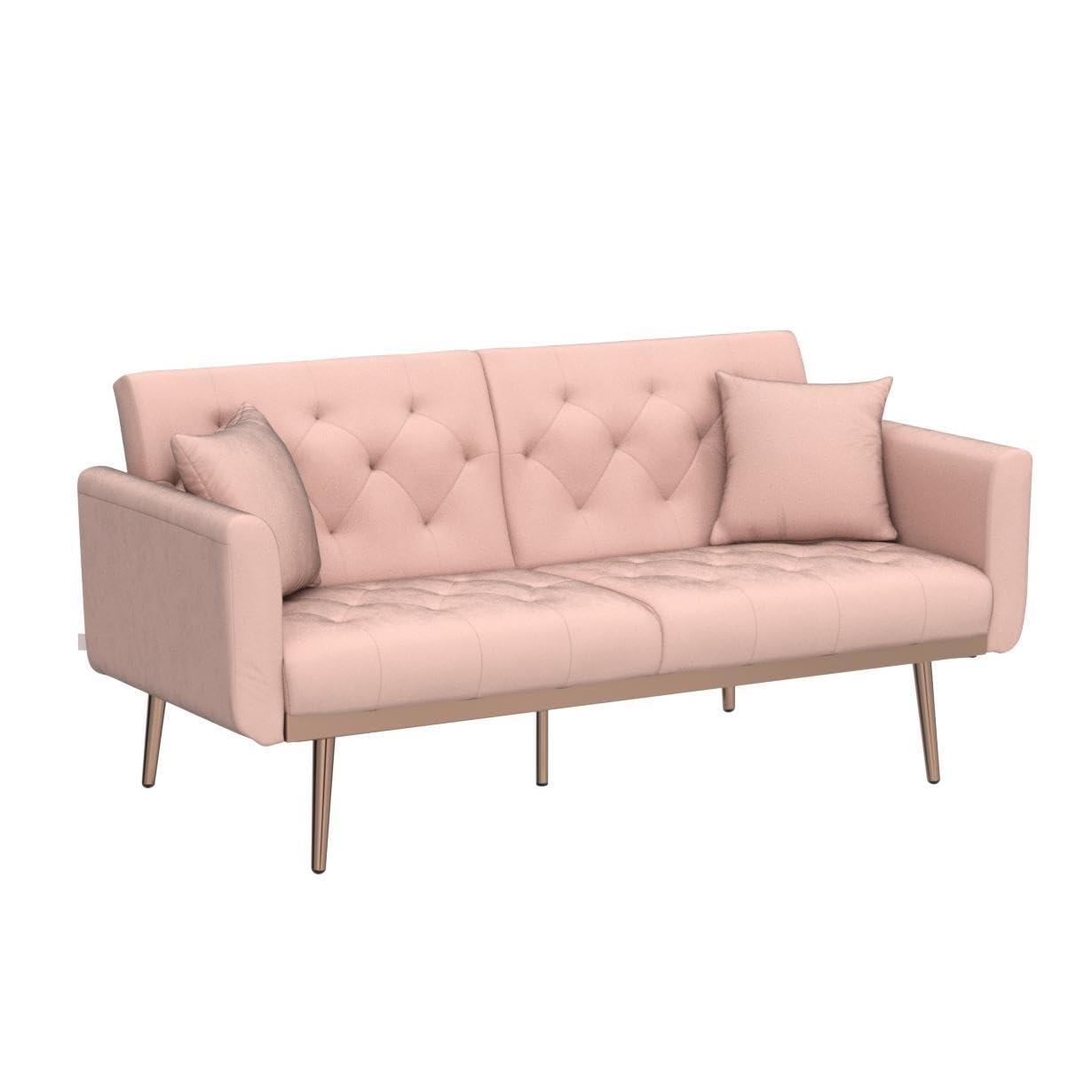 Convertible Velvet Futon Sofa Bed, Upholstered Loveseat Sleeper Couch with 3 Reclining Angles and 2 Pillows