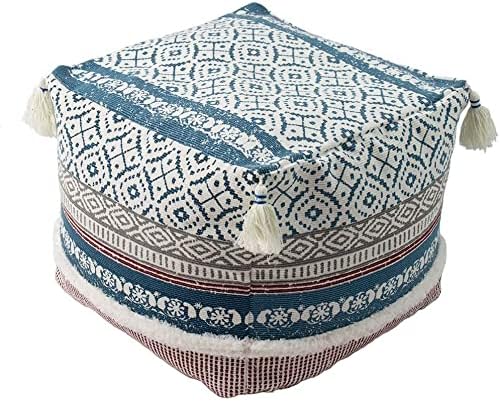 Ottoman Pouf Cover 18x18x16, Square Striped Morocco Tufted Boho Foot Rest with Big
