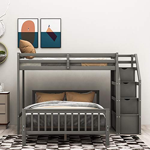 Twin Over Full Loft Beds, Bunk Beds Twin Over Full with Stairway and Storage, Full-Length