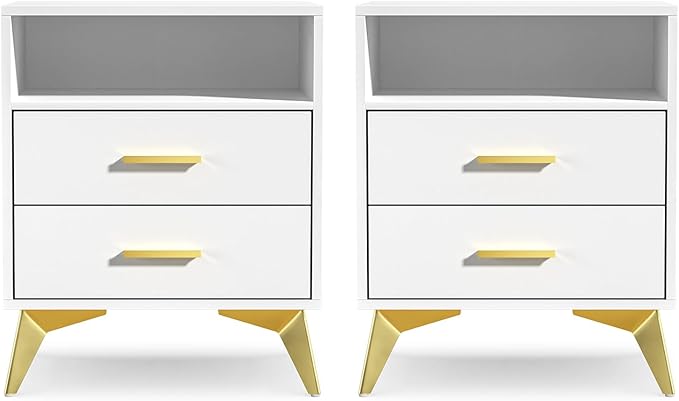 White nightstands with 2 Drawers, Natural Rattan Night Stand