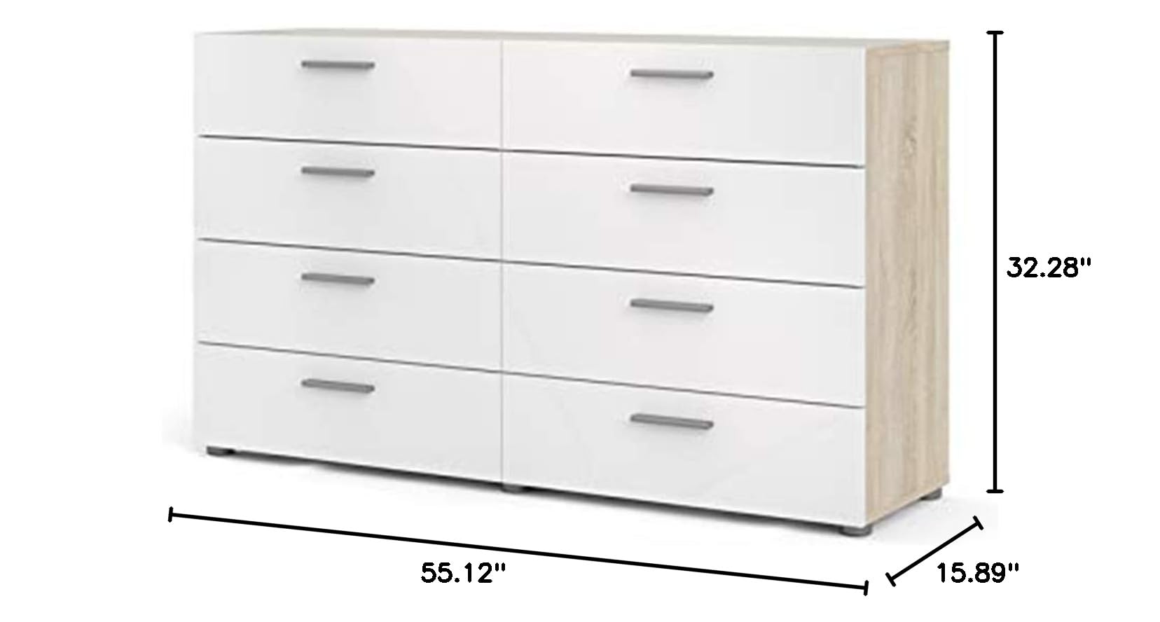 Austin 8 Drawer Double Dresser, Oak Structure/White High Gloss