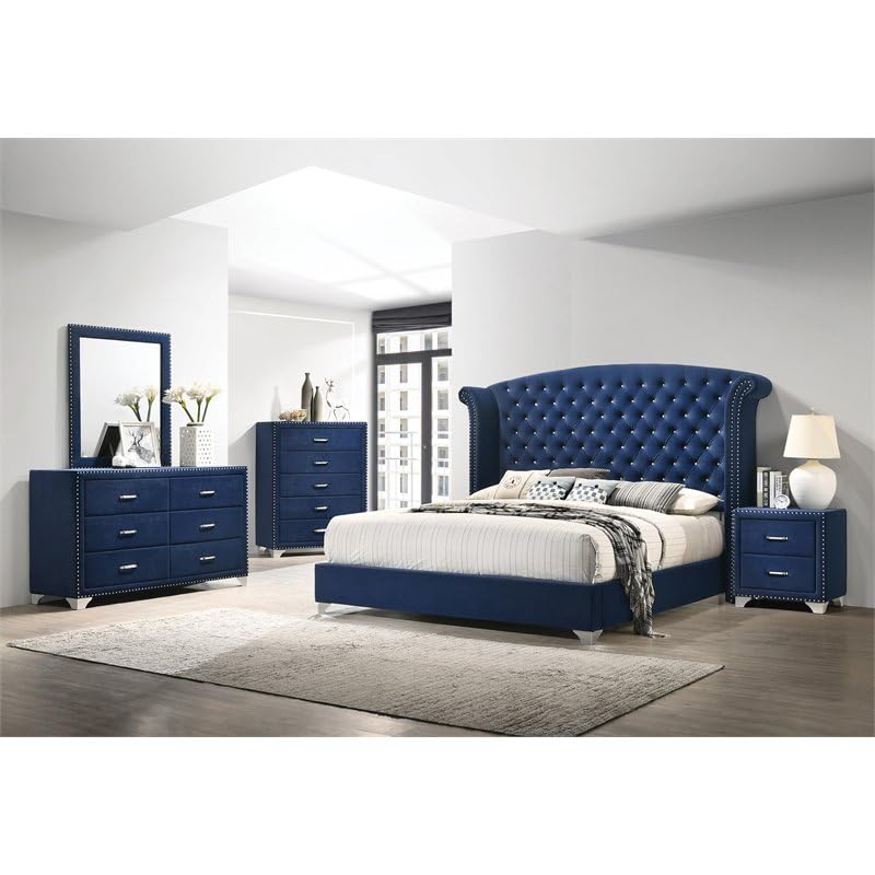 4-Piece Contemporary Velvet Queen Bedroom Set in Blue