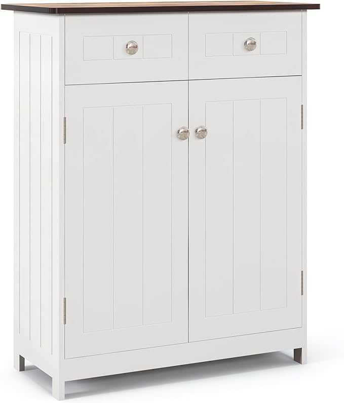 White Bathroom Cabinet, Freestanding Wooden Storage Cabinet w/Large Drawer & Cabinet,