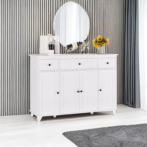 Buffet Cabinet White Sideboard Storage Cabinet with 3 Drawers & 4 Doors Adjustable Shelves