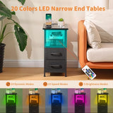 Narrow Side Table Set 2 with LED Light and USB C Port, Night Stand with Charging Station