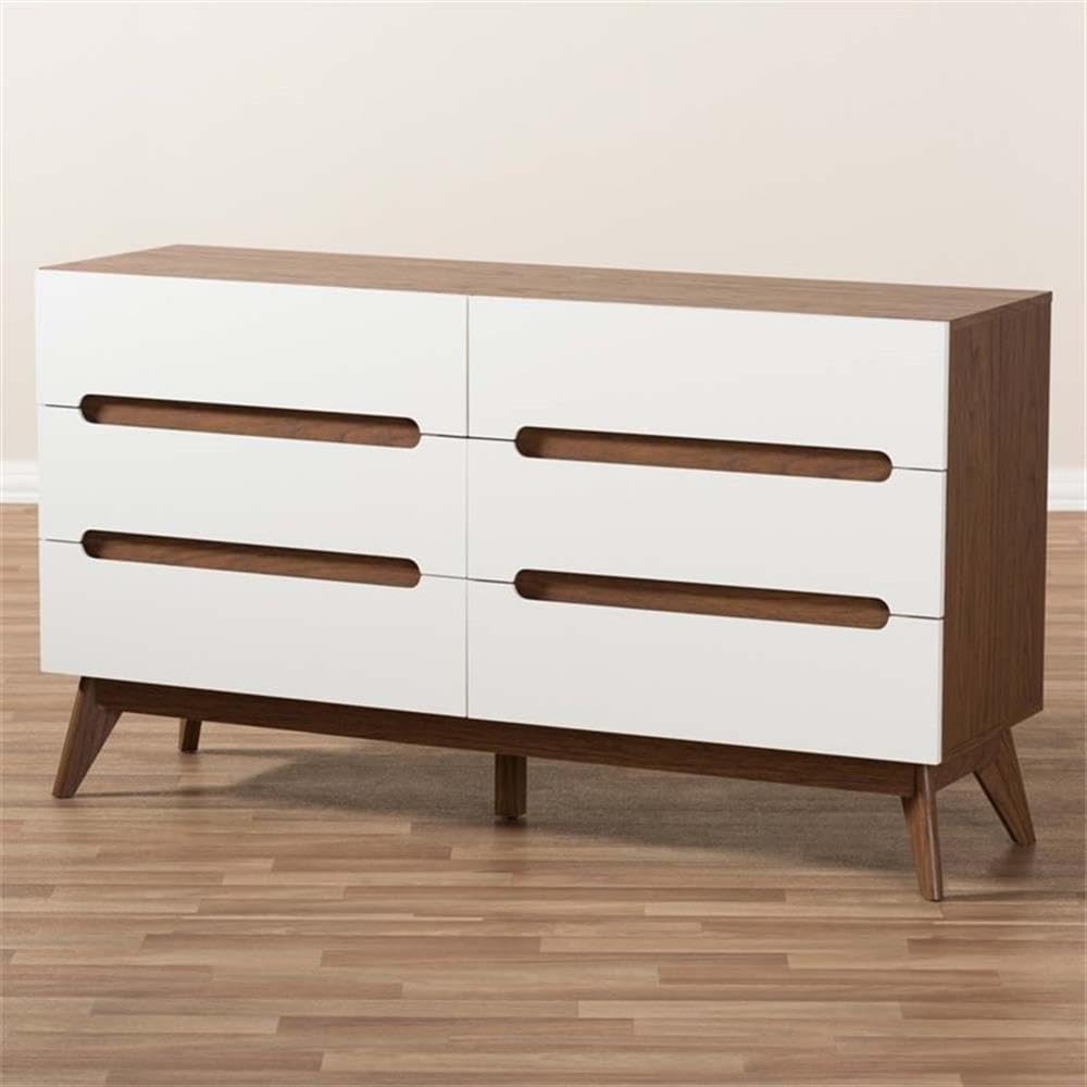 Calypso Mid-Century Modern White and Walnut Wood 6-Drawer Storage Dresser/Mid-Century/Particle