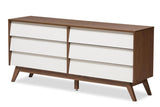 Studio Hildon Modern 6-Drawer Storage Dresser Mid-Century/Particle Board/MDF with PU Paper/White/Walnut Brown