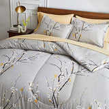Gray Comforter Sheet Set Bed in a Bag 7 Pieces King Size Tree Branch Bloom Flower Spring Summer Bedding Set (1 Comforter 2 Pillow Shams 1 Tan Flat Sheet 1 Fitted Sheet 2 Pillowcases)