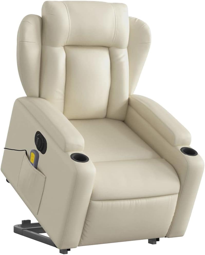 Massage Recliner Chair - Cream Faux Leather, Stand-Up Lift, Reclining, Vibration, Cup Holders