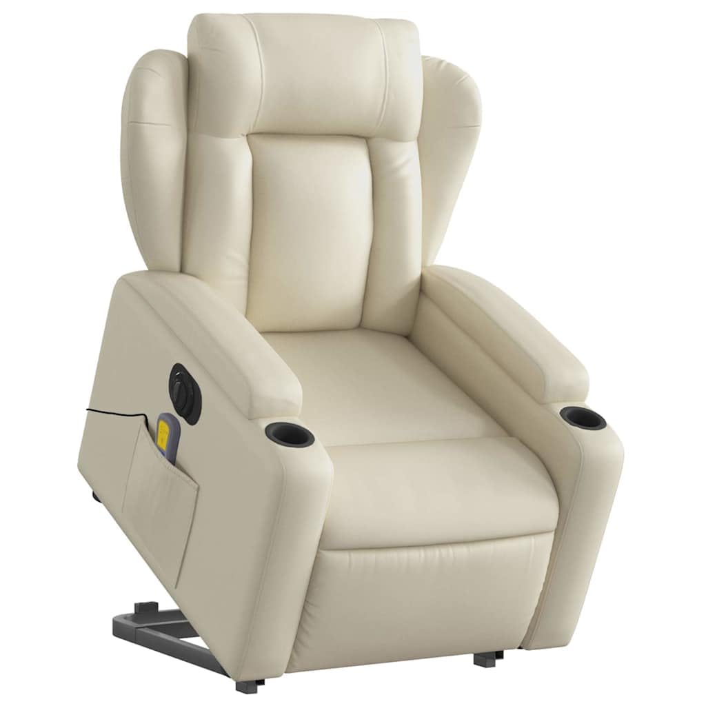 Massage Recliner Chair - Cream Faux Leather, Stand-Up Lift, Reclining, Vibration, Cup Holders