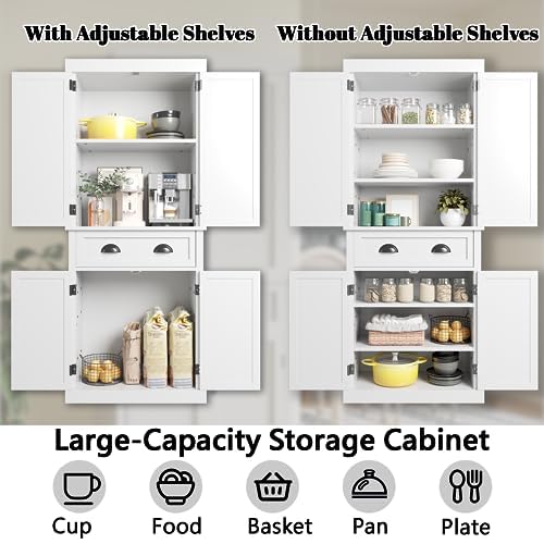 Furniwell 72" Kitchen Storage Cabinet with Drawer, Tall Kitchen Pantry Cabinet with Doors and 3 Adjustable Shelves, Freestanding Cupboard for Kitchen, Dining Room, Living Room (White)