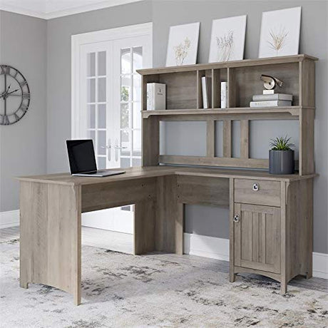 Trent Home 60" W Engineered Wood L Shaped Desk with Hutch in Driftwood Gray