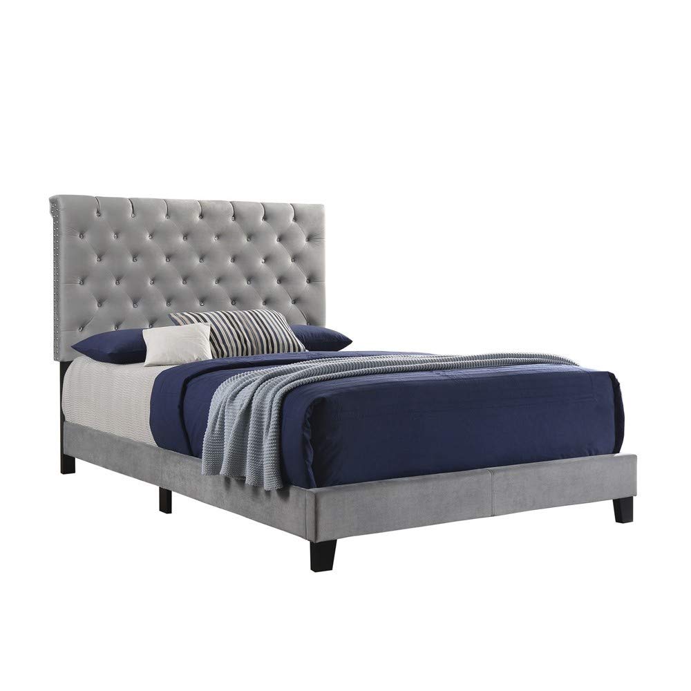 Fabric Upholstered Queen Size Bed with Scroll Headboard Design, Gray