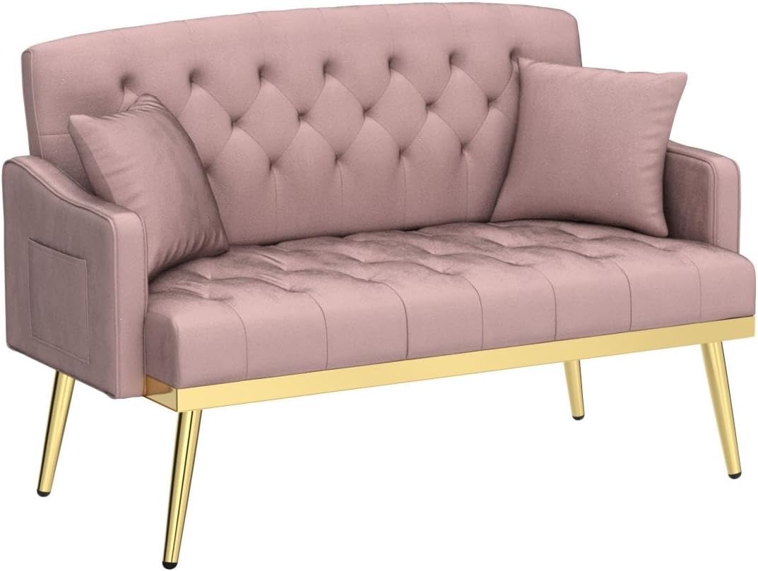 Velvet Loveseat Sofa, Modern Small Sofa Couch with Side Pocket and Golden Metal Legs, Tufted Leisure Sofa for Living Room, Bedroom, Office, Pink