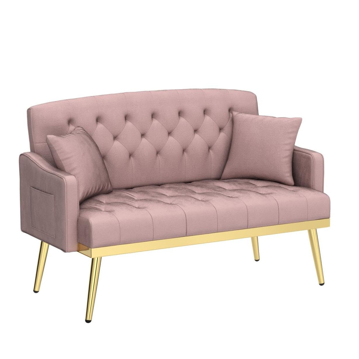 Velvet Loveseat Sofa, Modern Small Sofa Couch with Side Pocket and Golden Metal Legs, Tufted Leisure Sofa for Living Room, Bedroom, Office, Pink