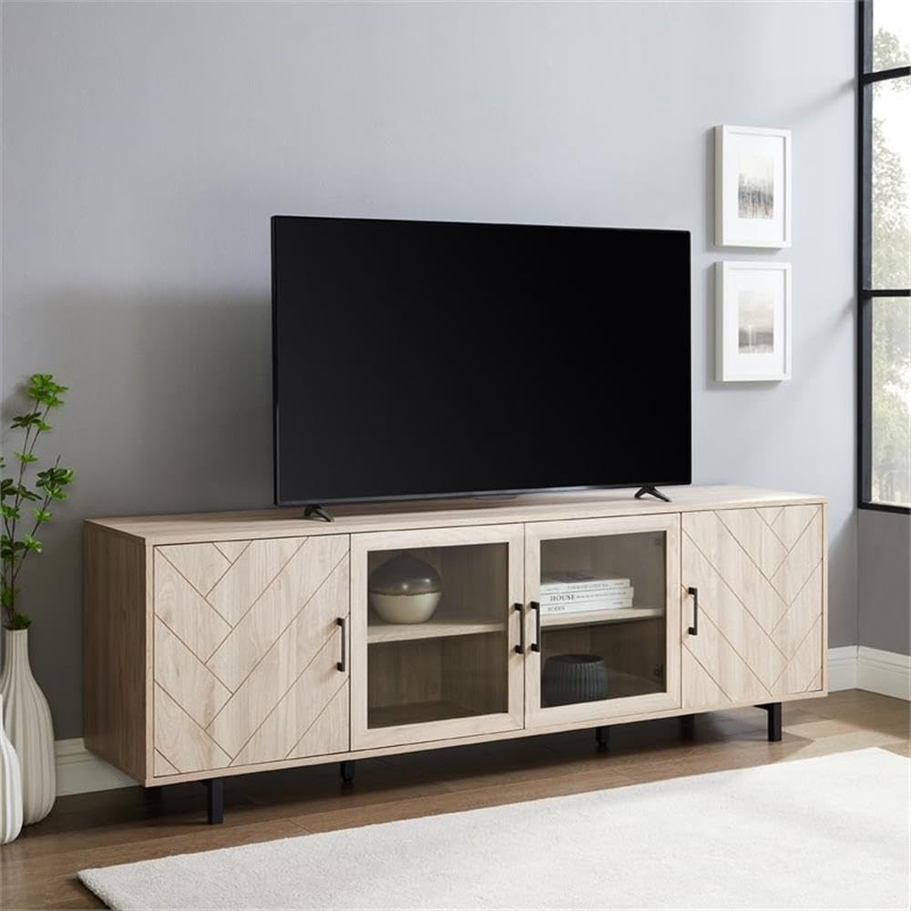 Walker Edison Harper Modern 4 Door Herringbone Stand for TVs up to 80 Inches, 70 Inch, Birch