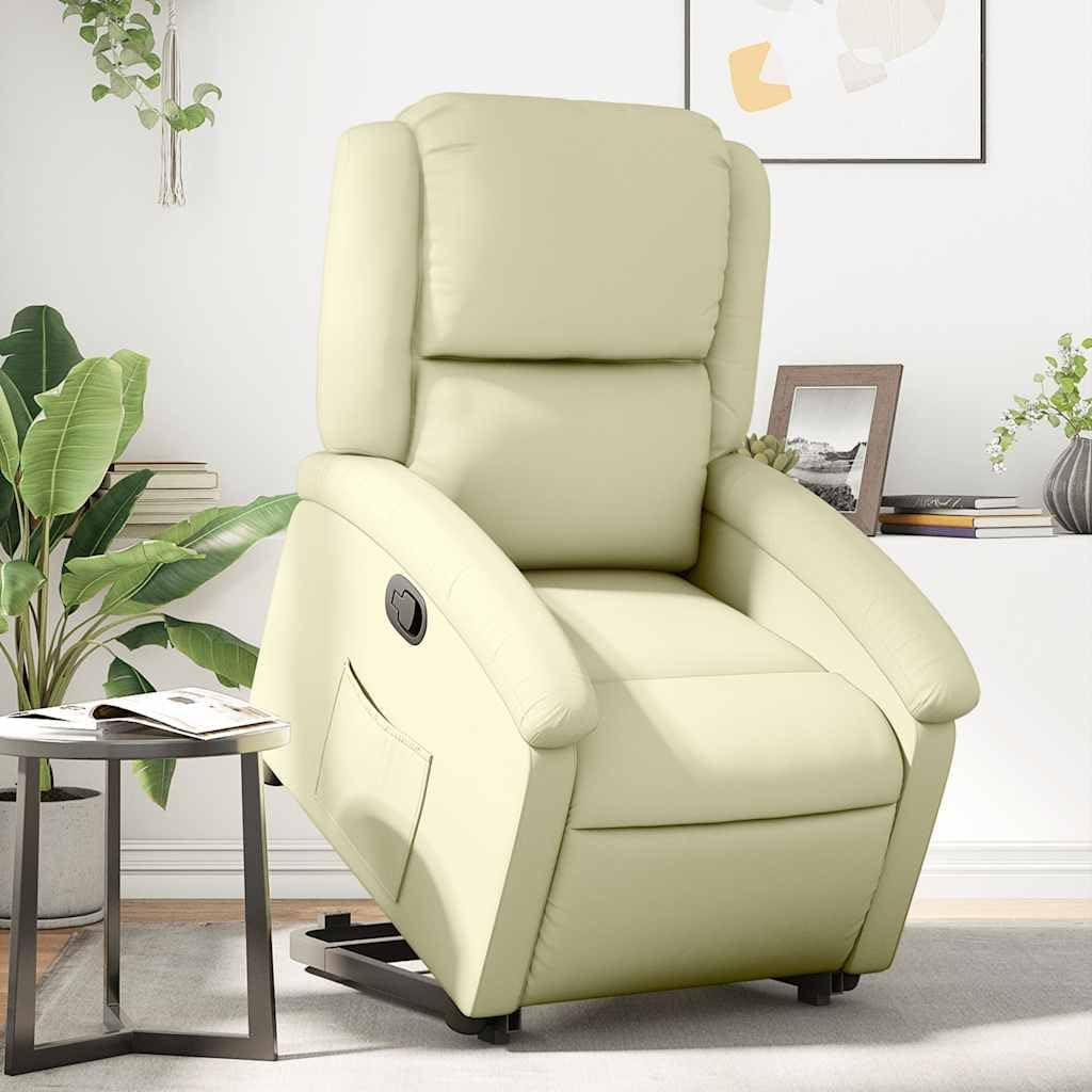 Recliner Chair - Cream Real Leather, Manual Reclining, Easy Stand-Up Function, Comfortable Seating for Elderly, Solid Frame, Convenient Side Pocket