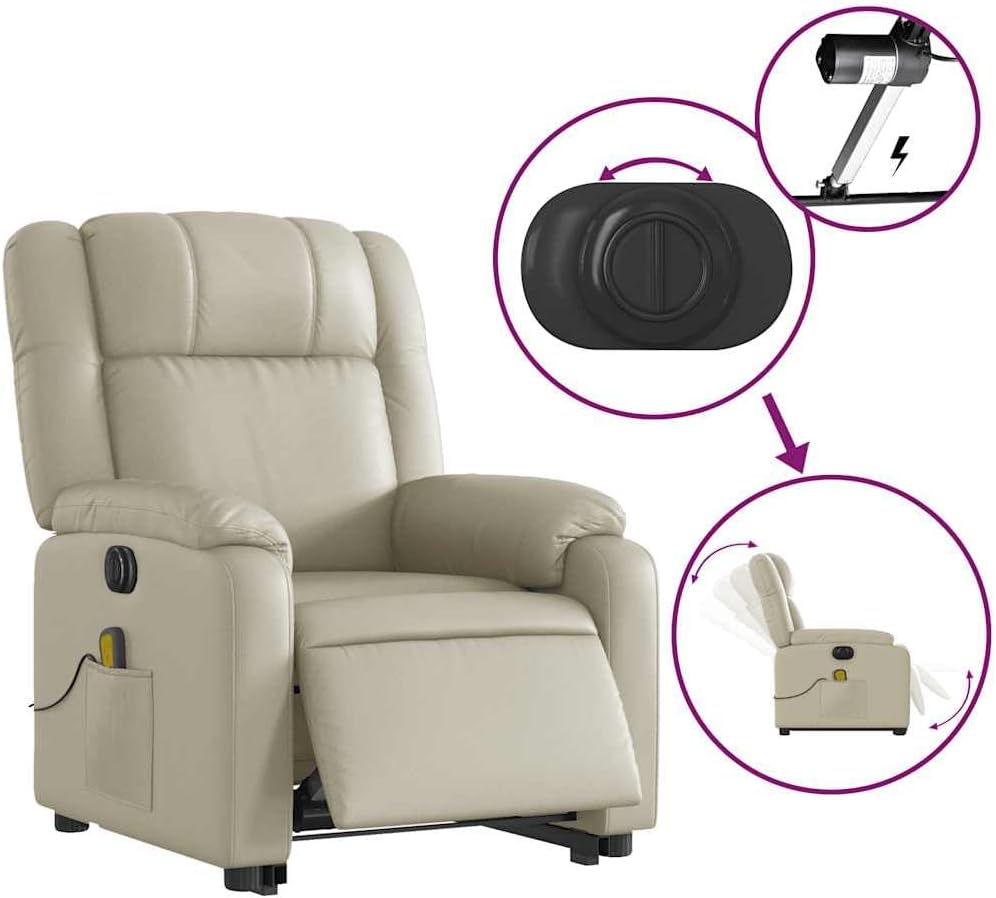 Electric Massage Recliner Chair - Cream Faux Leather Armchair with Power Lift, Reclining & Vibration Features for Living Room