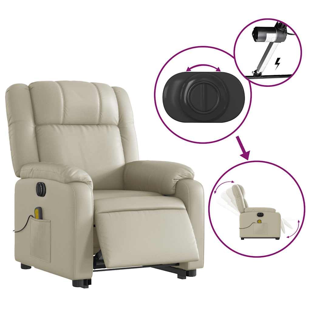 Electric Massage Recliner Chair - Cream Faux Leather Armchair with Power Lift, Reclining & Vibration Features for Living Room