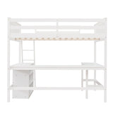 Full Size Loft Bed with Shelves and Desk, Wooden Loftbed Frame with w/Ladder for Kids