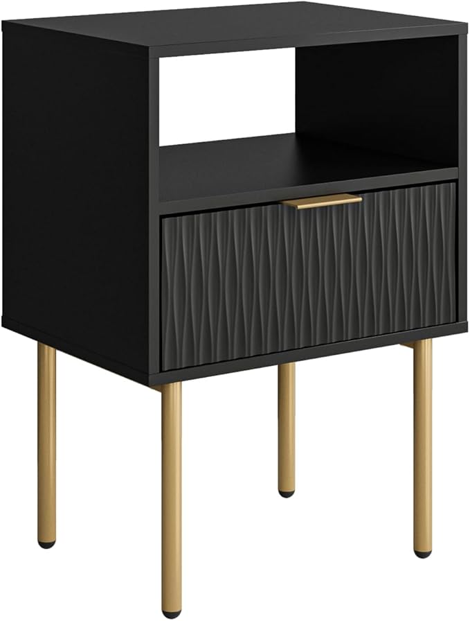 Night Stand with Charging Station, Fluted Bedside Table with Gold Frame
