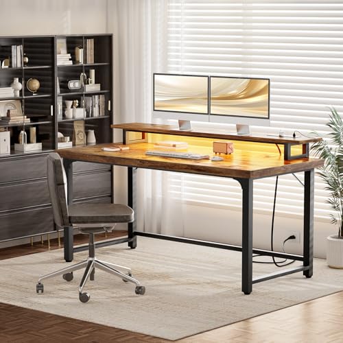 Computer Desk with Charging Station and LED Light, Thickened Wood 55 Inch Home Office Executive Desk, Farmhouse Study Desk for Writing, Student Gaming PC Table with Storage for Bedroom